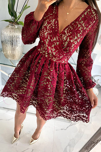 Wine Red V Neck Lace Skater Mini Dress