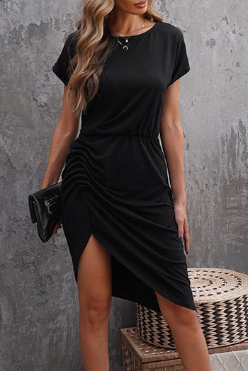 Black Side Shirring Short Sleeve Mini Dress