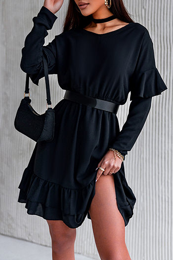 Black Ruffled V Neck Cut-Out Back Elastic Waist Dress