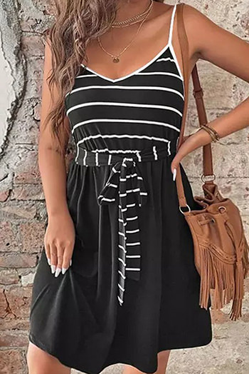 Black Spaghetti Straps Striped Cami Dress with Sash