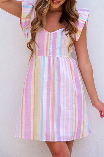 Pink Striped Button Sweetheart Flutter Sleeve Dress