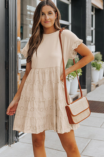 Khaki Eyelet Pattern Tiered Short Dress