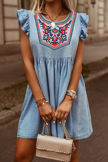 Sky Blue Floral Embroidered Ruffled Sleeve Mini Dress