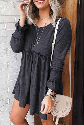 Gray Textured Button Long Sleeve Babydoll Dress