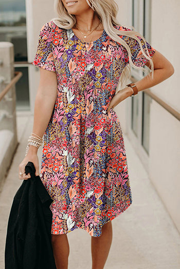 Floral Print Short Sleeve A-line Dress