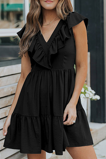 Black Ruffle Trim V Neck Smocking Back Mini Dress