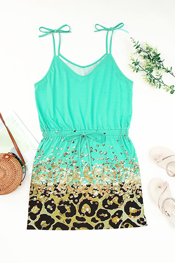 Green Shiny Leopard Print Drawstring Strappy Dress