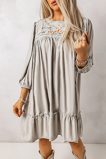 Gray Floral Embroidered Long Sleeve Babydoll Mini Dress