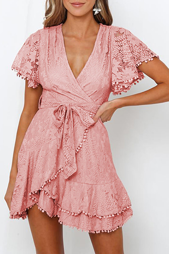 Pink Flutter Sleeve Wrap V Neck Floral Lace Short Dress