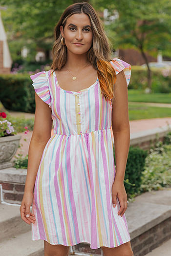 Pink Striped Button Sweetheart Flutter Sleeve Dress