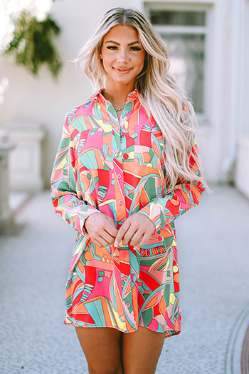 Multicolor Geometric Abstract Print Long Sleeve Shirt Dress