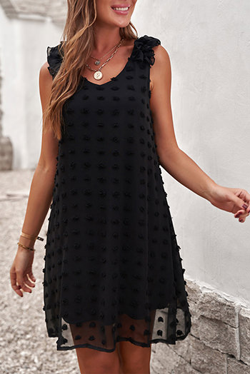 Black Swiss Dot V Neck Ruffled Sleeveless Mini Dress