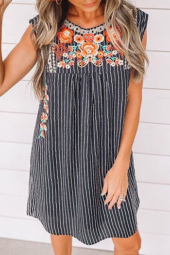 Blue Embroidered Striped Print Sleeveless Mini Dress