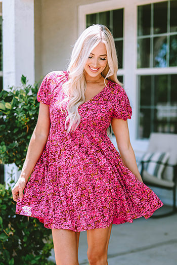 Rose Floral Print Puff Sleeve Babydoll Mini Dress