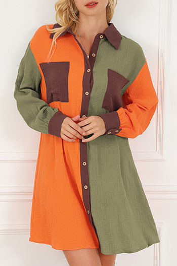 Brown Oversized Colorblock Crinkle Textured Shirt Dress