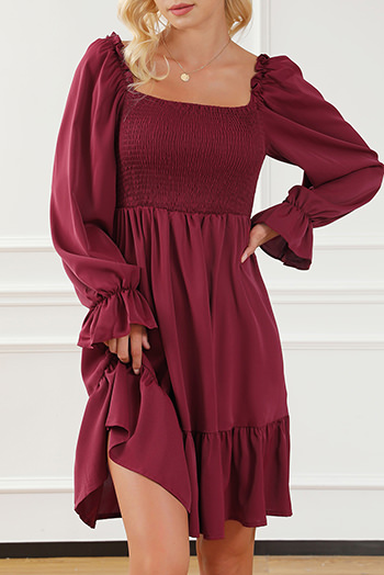 Burgundy Smocked Puff Sleeve Ruffle Mini Dress