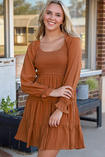 Brown Bishop Sleeve Smocked Tiered Mini Dress