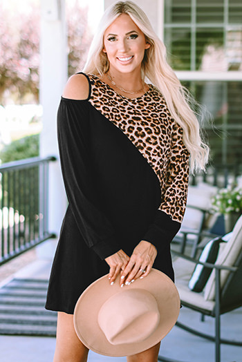 Black Asymmetric Cold Shoulder Leopard Colorblock Mini Dress