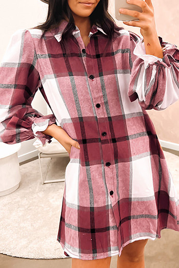 Plaid Pattern Collared Neck Ruffled Sleeve Shirt Dress