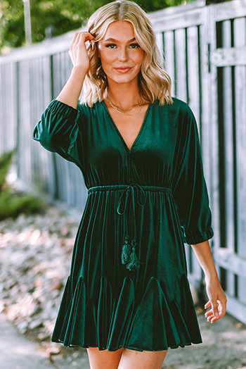 Green V Neck Bracelet Sleeve Drawstring Ruffled Velvet Dress