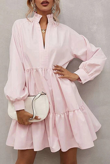 Pink Frilled Stand Collar Long Sleeve Ruffle Dress