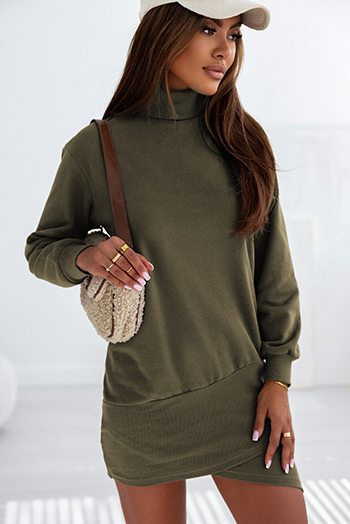 Green High Neck Long Sleeve Wrapped Dress