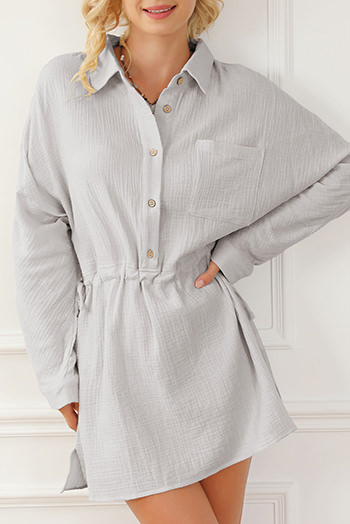 Gray Rolled-Up Sleeve Buttoned Drawstring Textured Dress