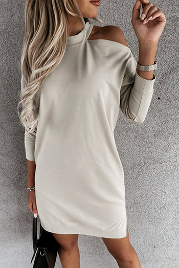 Khaki Single Cold Shoulder T Shirt Dress with Slits