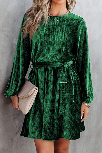 Green Tie Waist Crinkle Velvet Dress