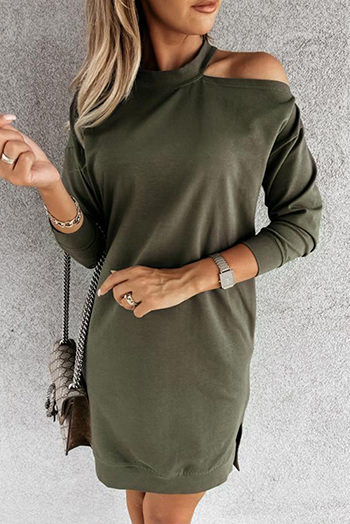 Green Single Cold Shoulder T Shirt Dress with Slits