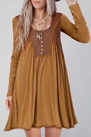 Textured Accent Patchwork Long Sleeve Flare Dress