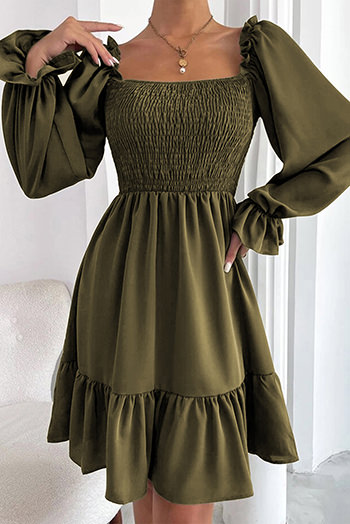 Pickle Green Smocked Puff Sleeve Ruffle Mini Dress