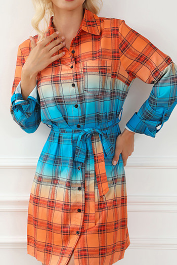 Orange Gradient Plaid Button Front Mini Shirt Dress