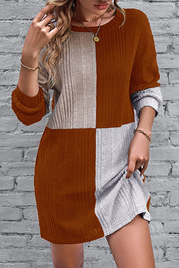 Chestnut Ribbed Color Block Drop Shoulder Long Sleeve Mini Dress