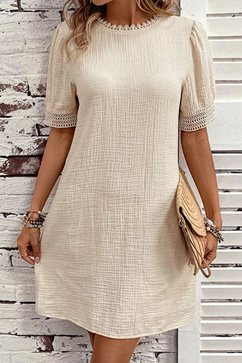 Beige Crinkle Lace Trim Puff Sleeve Shift Mini Dress