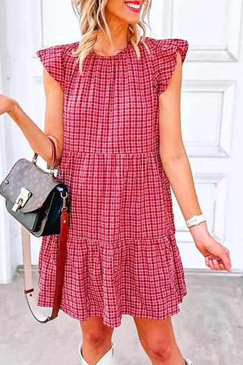 Red Clay Plaid Print Flutter Sleeve Ruffle Tiered Mini Dress