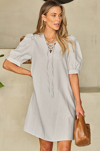 Beige Lace Up V Neck Bubble Sleeve Short Shift Dress