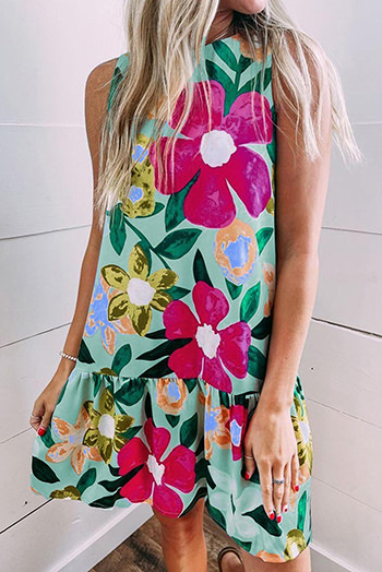 Green Flower Print Ruffled Loose Fit Sleeveless Mini Dress