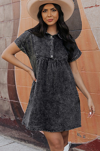 Black Acid Wash Button Front Collared Short Sleeve Denim Dress