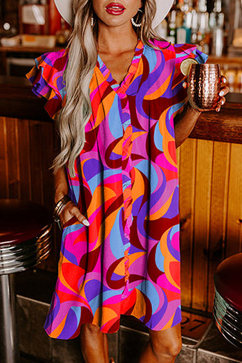 Orange Abstract Print Ruffled Sleeve Shift Dress