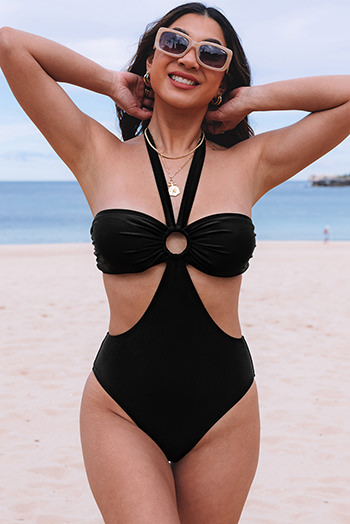 Black Halter O-ring Ruched Bust One Piece Swimsuit