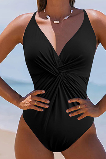 Black V Neck Twist Ruched Crisscross Backless One Piece Swimsuit