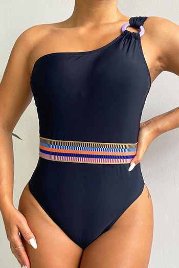 Black One Shoulder Strap Printed Waist One Piece Swimsuit