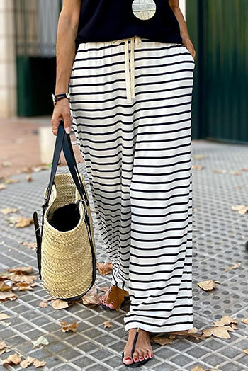 White Drawstring Striped Wide Leg Pants