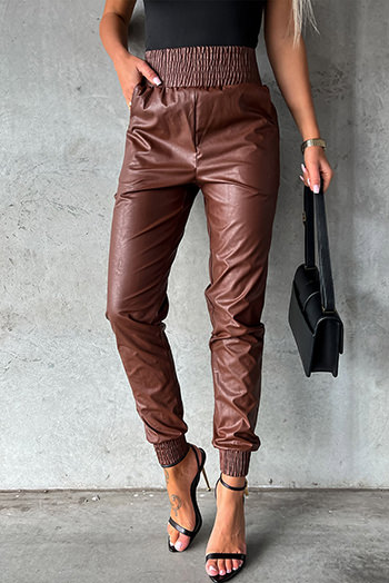 Brown Smocked High-Waist Leather Skinny Pants