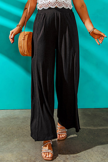 Black Side Slit Wide Leg Mid Waist Pants