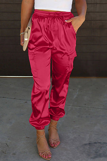 Rose Satin Pocketed Drawstring Elastic Waist Pants