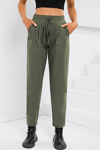 Green Casual Elastic Drawstring Waist Pants