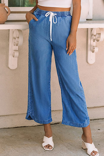 Sky Blue Wide Leg Drawstring Waist Loose Pants