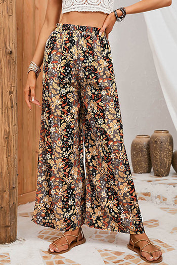 Black Floral Print High Waist Wide Leg Pants